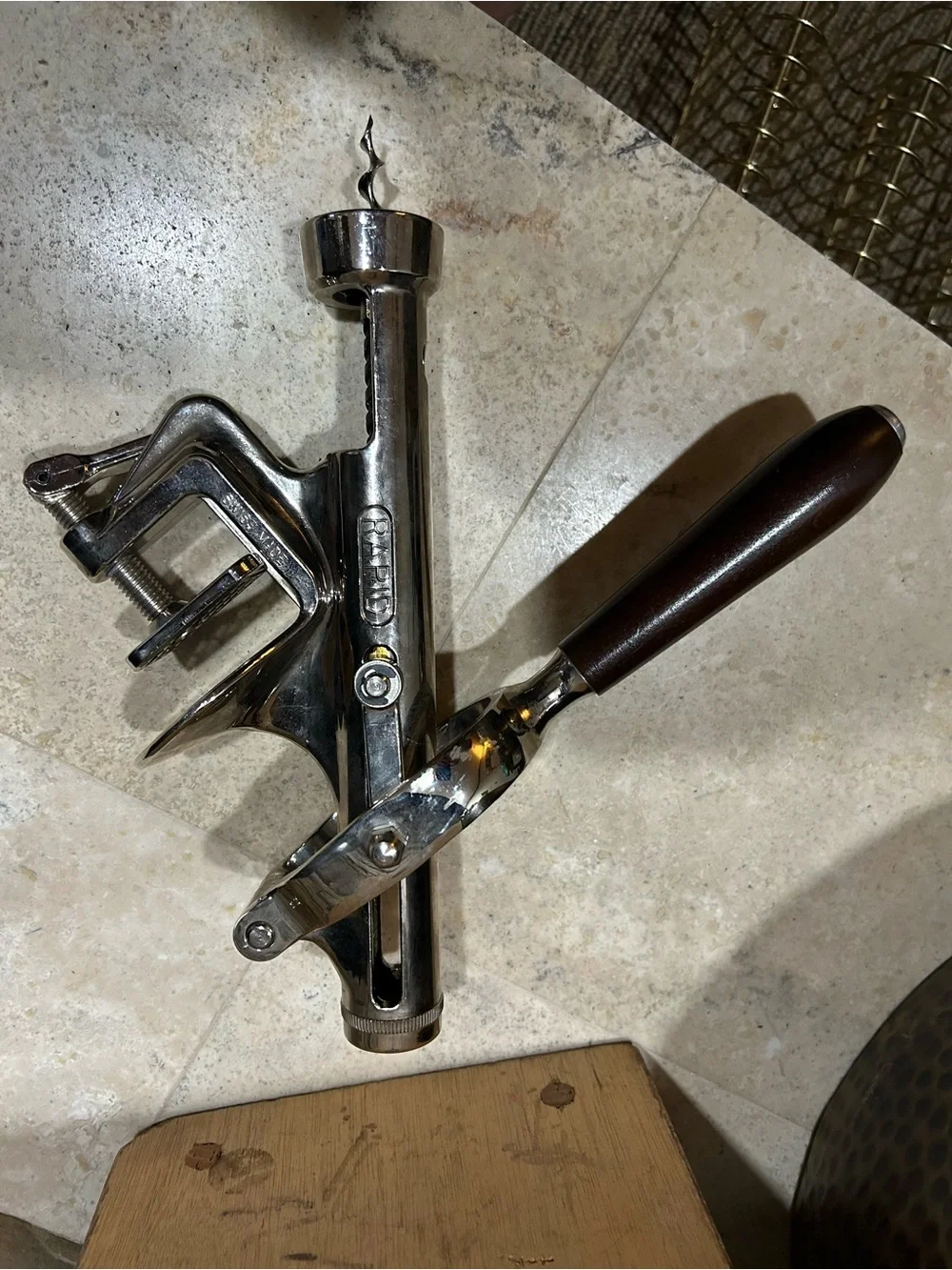 Vintage RAPID Swiss Tabletop Corkscrew Wine Opener with Wooden Handle